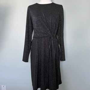 Chaps Women Black granite Sparkle Knit Twist Front Long Sleeve Midi Dress PL G